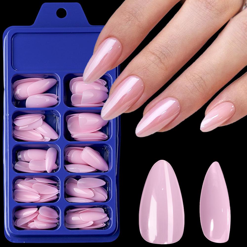 120pcs/box Glossy Light Pink False Nails Medium Almond Press on Nails False Acrylic Full Cover Fake Nail Tips Fingernail Decora
