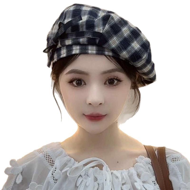 Japanese Retro Black and White Plaid Octagonal Hat Spring and Autumn New Windproof and Breathable Beret Showing Face Little Literary Painter Hat