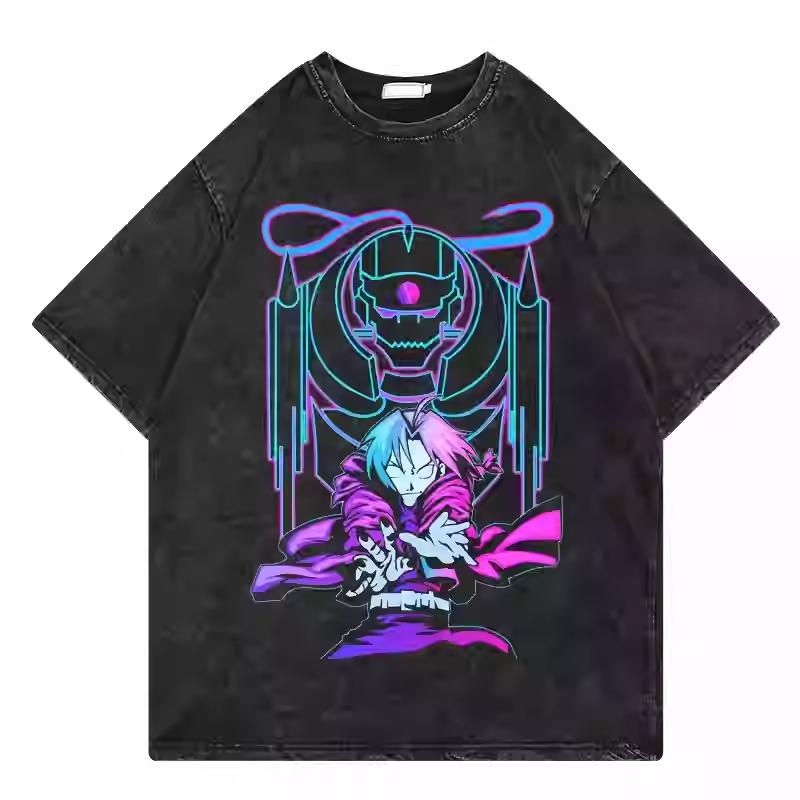 Anime Fullmetal Alchemist Brotherhood Gothic Frame Brothers Graphic Print T-Shirt Men Women Vintage Washed O-Neck Cotton Oversized O-neck Cotton Top