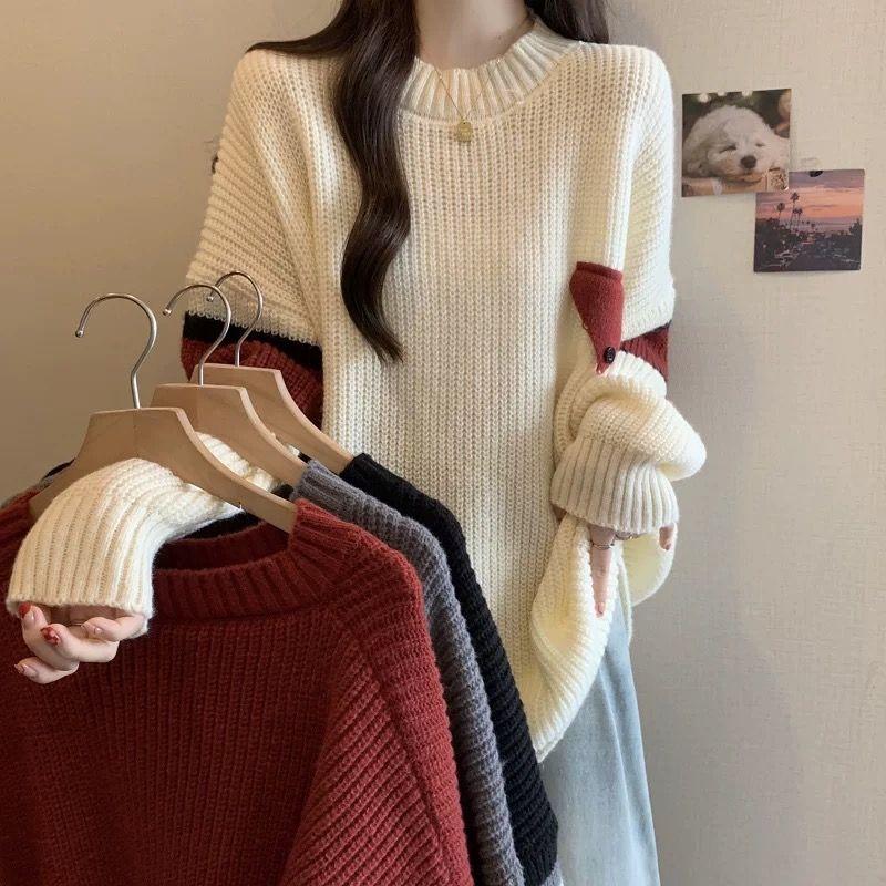 Весна Осень Новый Ленивый Стиль Модный Дизайн в Цветовой Блок Повседневный Свитер Женский Средней Длины Вязаный Топ Трендовый