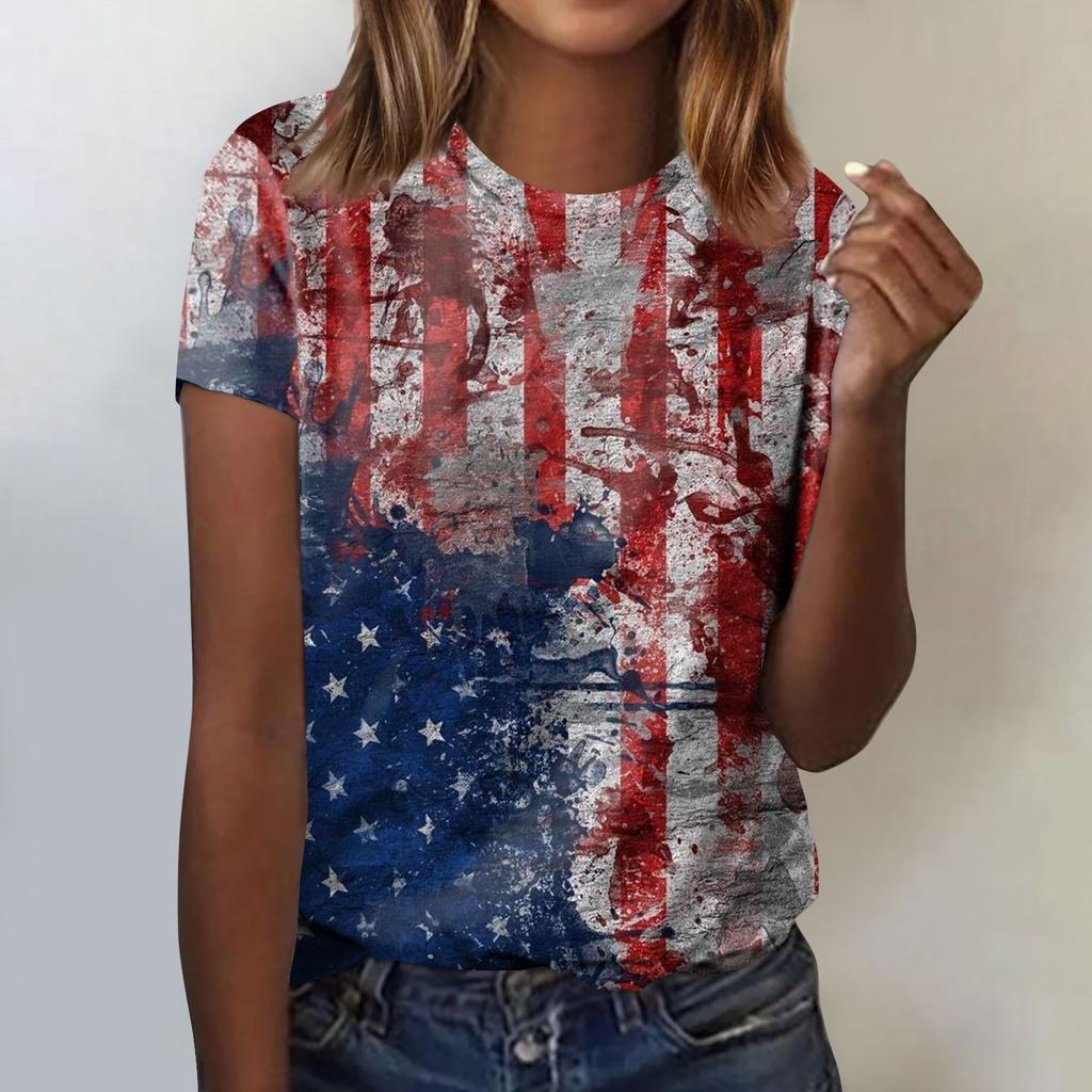 Women's Fashion Casual Independence Day Printed Round Neck Short Sleeve T-Shirt Top