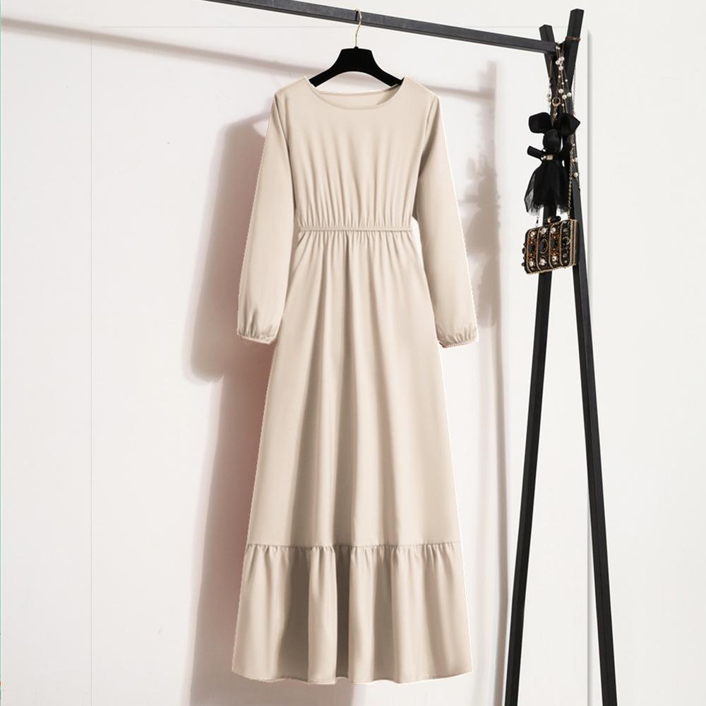 GMXIA Женская мода весна осень однотонный принт с длинным рукавом и круглым вырезом с высокой талией повседневные платья