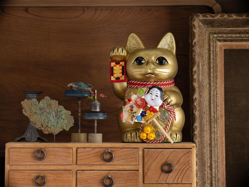 Счастливый кот Ацуме, правая рука, счастливый кот, манеки, счастливый фэн-шуй, украшение, коробка для пожертвований, золото (L-SIZE Золотой) Поднятый/Керамический_Lucky (fa_L