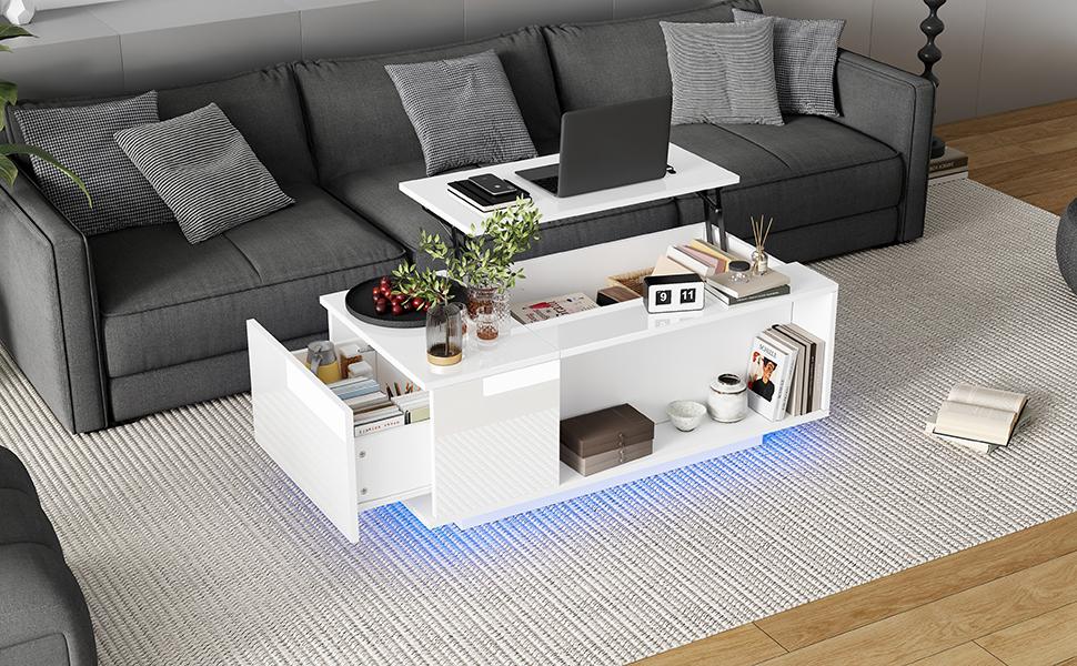 100*50*40cm Height-Adjustable Coffee Table with Hidden Storage, Side Table with LED Light, Living Room Table with Drawer, Sofa Table, White