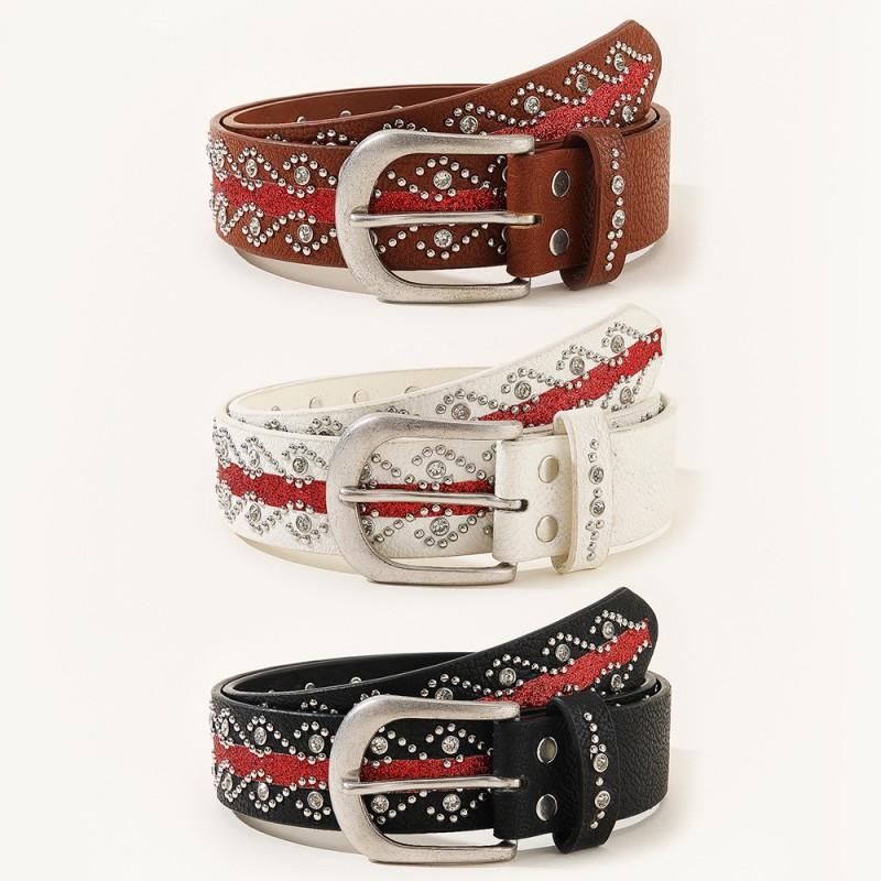 Womens Fashion Rivet Belt Vintage Pin Buckle Rhinestone Inlay Jeans Trendy Waist