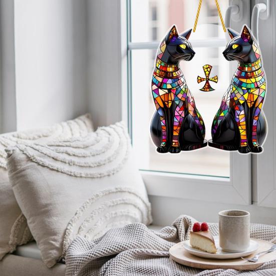 Black Cat Sun Catcher 2D Acrylic Hanging Decoration Stained Glass Style Multicolor Cat Decoration for Room Window Balcony