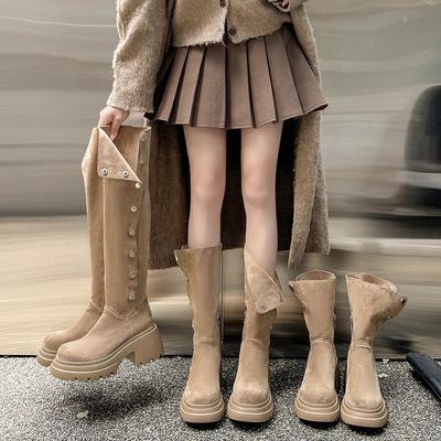 2025 осень и зима новые модели, два варианта носки, круглый носок, толстый каблук, увеличение роста, ботинки-чулки, замшевые, с утолщенным мехом, теплые зимние ботинки для женщин