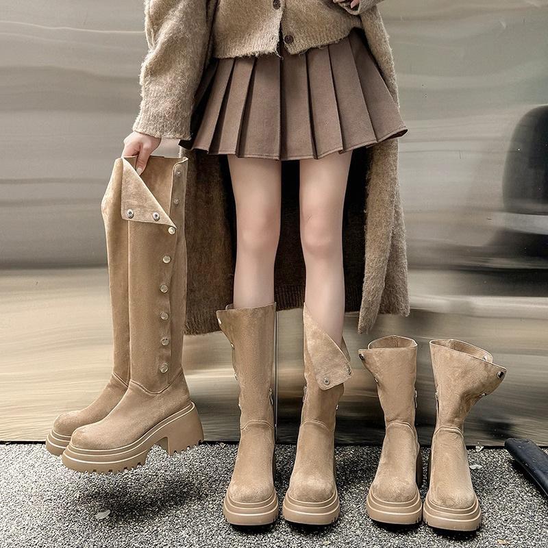 Маленькие сапоги на толстой подошве для осени и зимы с круглым носком и толстым каблуком, увеличивающим высоту ворса, замшевые, с утолщенным мехом, теплые зимние сапоги для женщин
