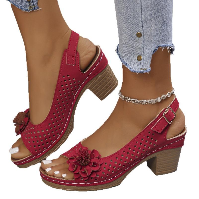 Босоножки на высоком каблуке большого размера женские летние с независимой станции новые полые с цветком с открытым носком с ремешком на липучке