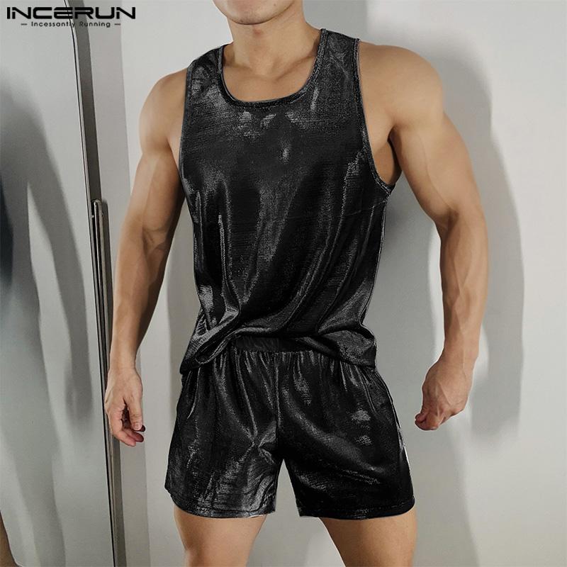 INCERUN Two Pieces Men Glitter Sleeveless Tank Tops and Shorts Casual Sets