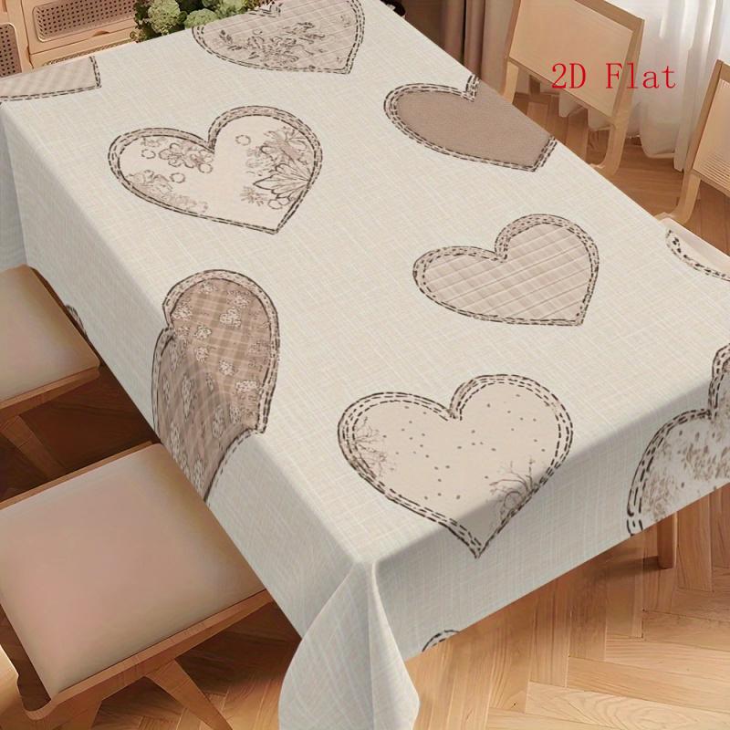 2D Flat 1pc - Vintage Heart-Shaped Collage Design Rectangular Tablecloth with Beige And Brown Heart Patterns, Elegant Table Decoration Suitable for Ki