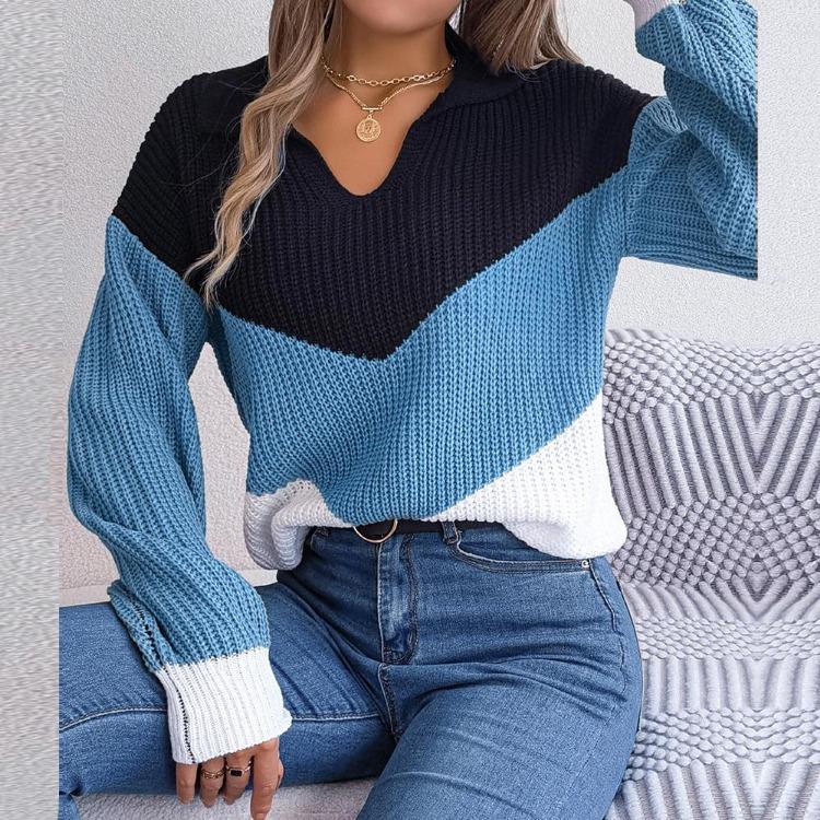Женский повседневный вязаный пуловер свитер Осень Зима Длинный рукав Воротник поло Контрастный