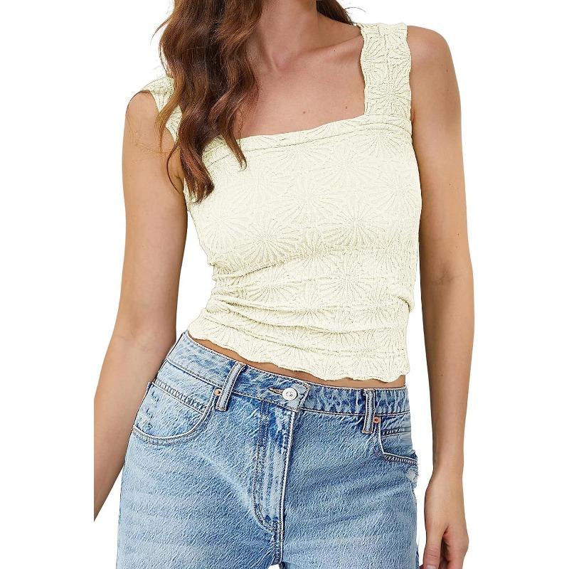 Summer Women's High Stretch Skinny Jacquard Square Neck Sleeveless Vest Women's Tops
