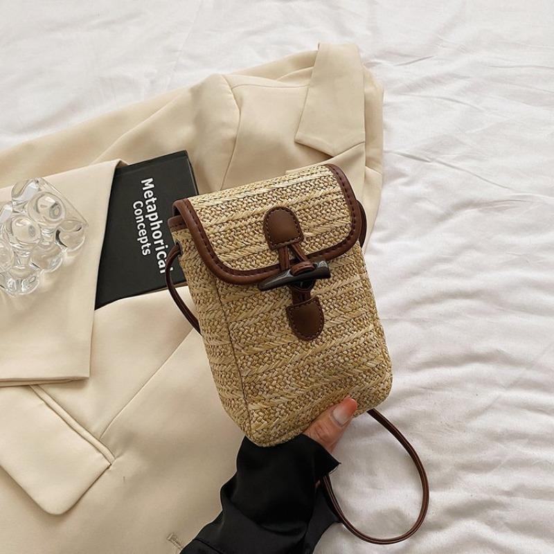 Seaside Holiday Woven Mobile Phone Bag Horn Button Crossbody Shoulder Bag Western Style Mobile Phone Bag