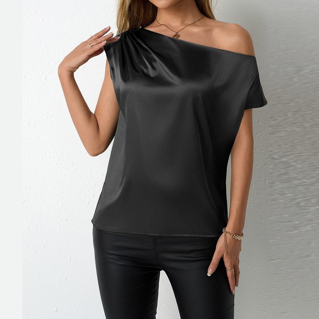 Women's Short Sleeve Shirt Loose Satin Top Embossed Lace V-neck Silk Lined Top