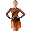 Womens Figure Skating Dress Contrast Color Rhinestones Gradient Mesh Skirt One Piece Leotard