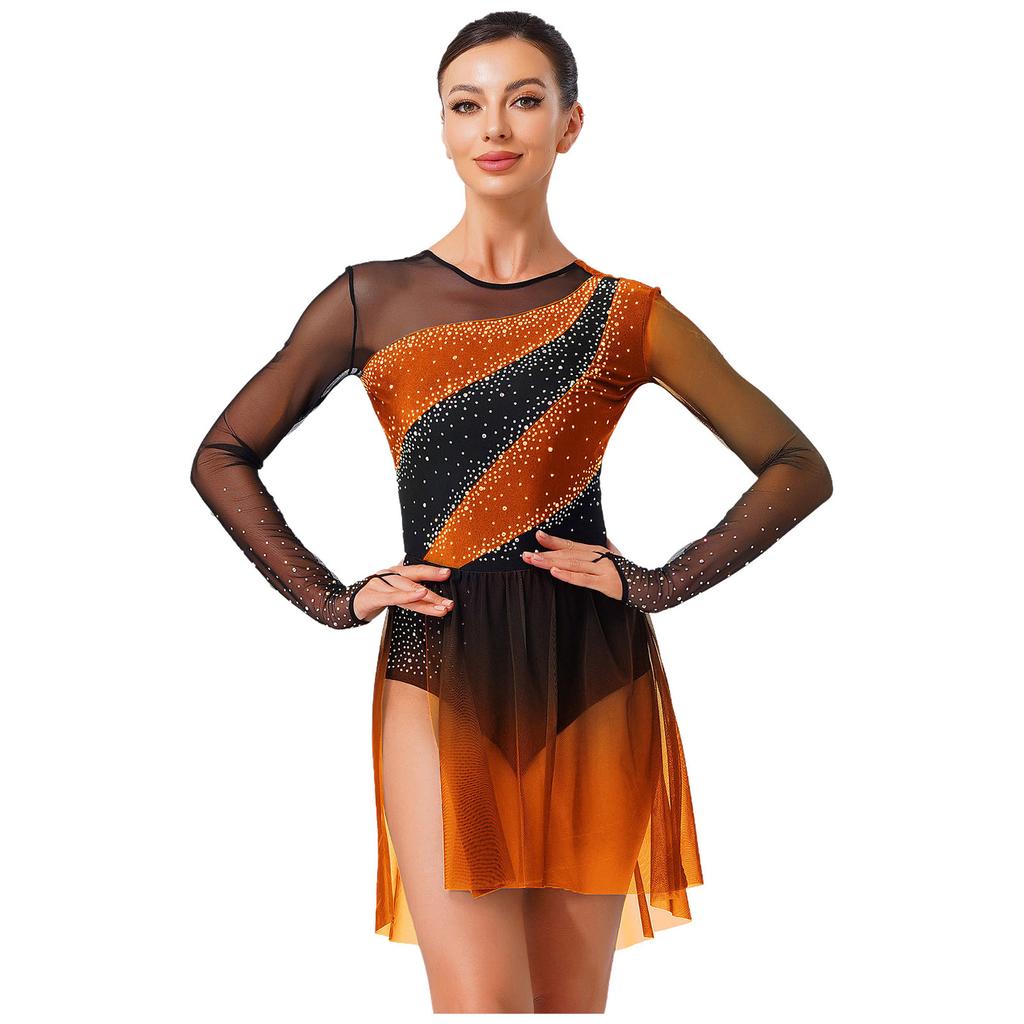 Womens Figure Skating Dress Contrast Color Rhinestones Gradient Mesh Skirt One Piece Leotard