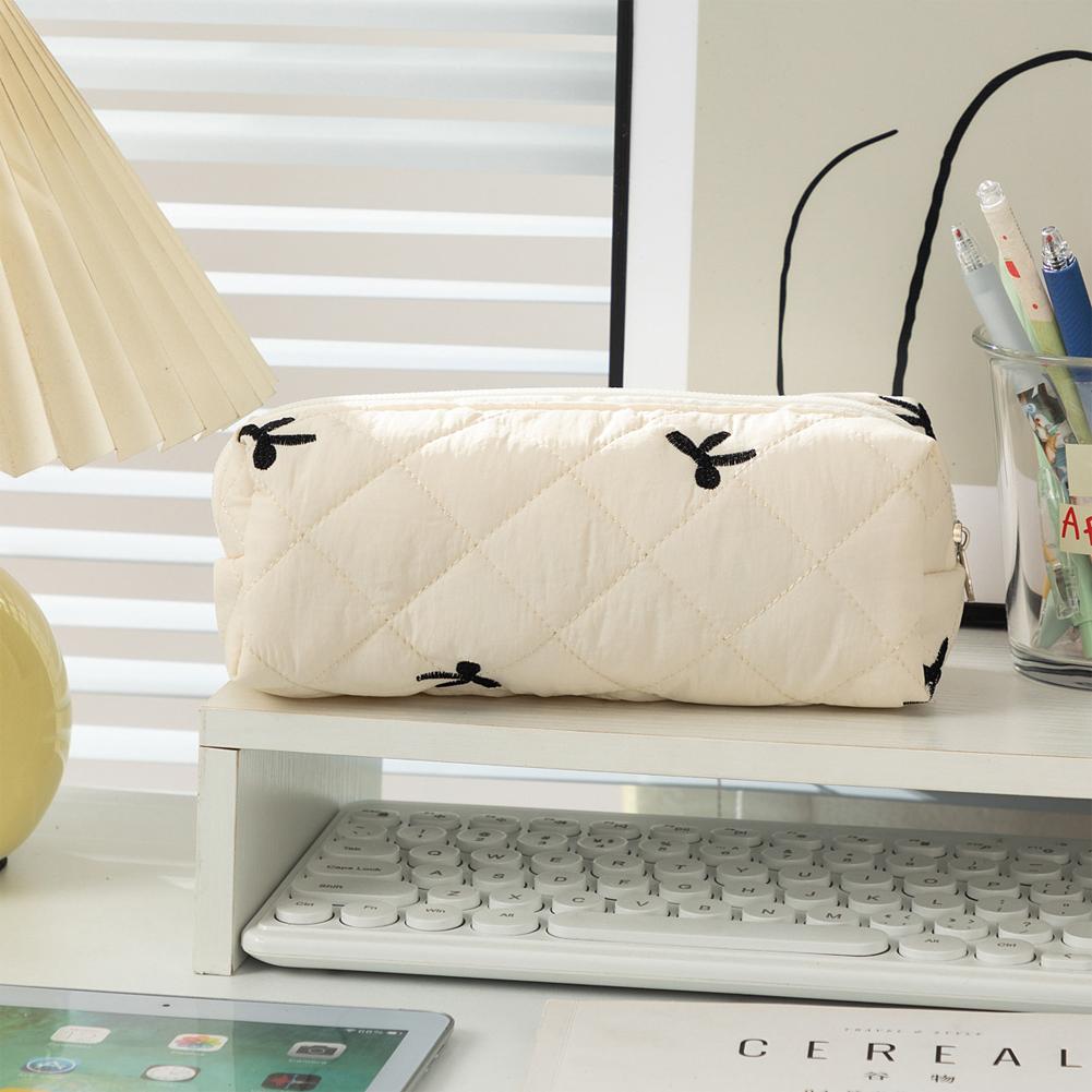 1Pc Simple Bowknot Large Capacity Pencil Bag Fresh Quilting Stationary Storage Bags For Girls Makeup Pouch Pencil Case