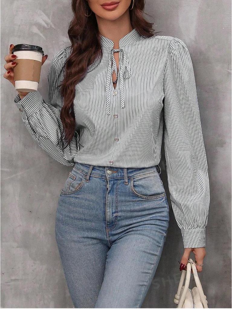 Женская полосатая рубашка с рукавами-фонариками и завязками на воротнике, 2024