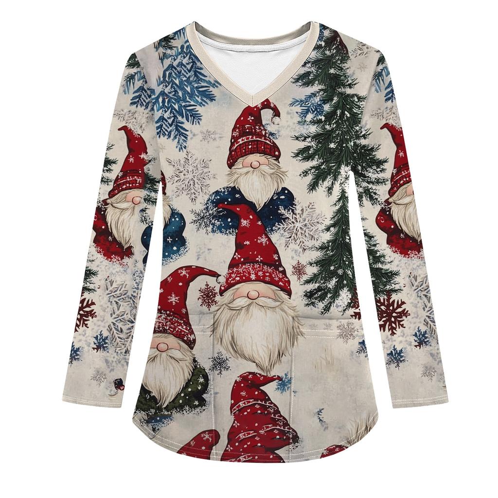 Женская модная рабочая одежда с V-образным вырезом, длинным рукавом и карманом, рождественский принт, футболка, топ