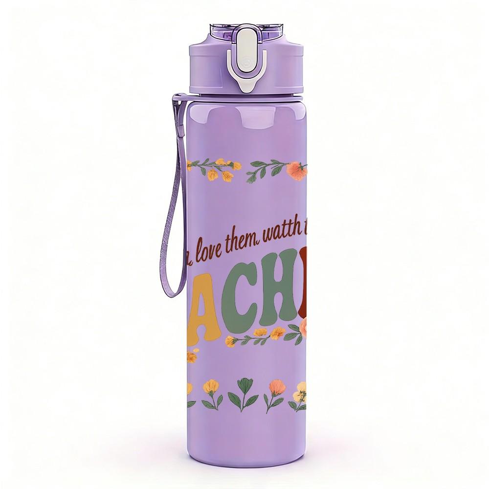 1PC Wildflower Teacher Letter Print 750ml Color Plastic Sports Water Bottle Leakproof Flip Straw Lid Suitable for Sports Office Home Use