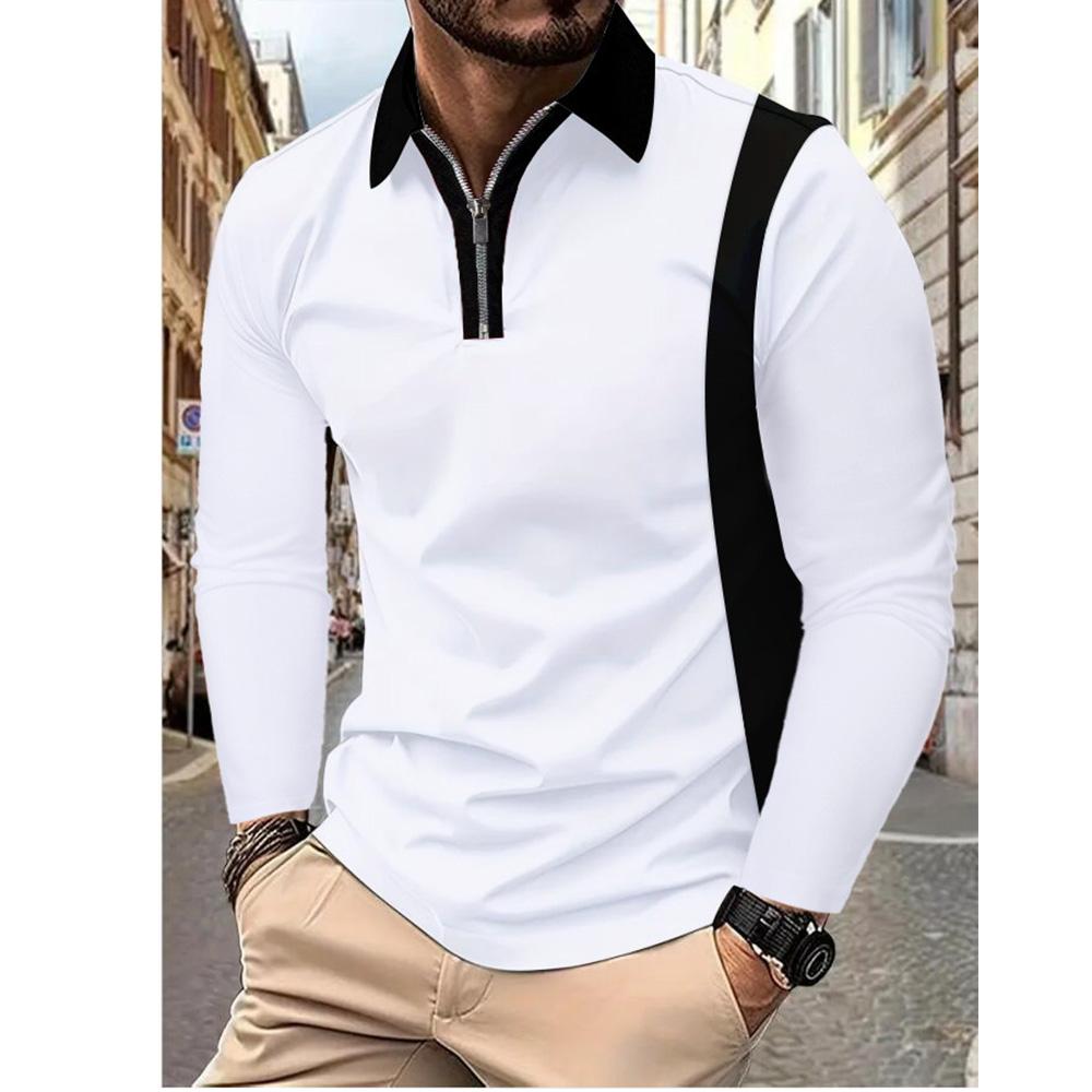 Spring Men's Clothes Contrast Color Fashion Polo Shirts Long Sleeve Turn-down Collar Tops Soft Breathable Casual Zipper Pullover
