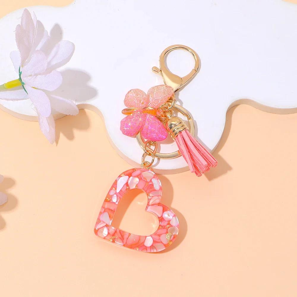 Colorful Hollow Love Heart Keychain Shiny Butterfly Tassel Resin Pendant Key Ring Women Handbag Ornament DIY Accessories Giftt
