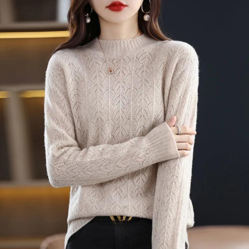 Spring Autumn Mock-neck Pullover Sweater for Women Hollow Out Knitwear Jumpers Female Pull Femme Top