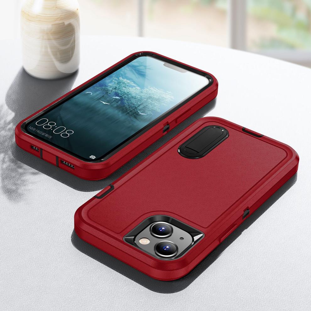 (iPhone 14, Red-black) Shockproof Protective iPhone 15 14 Plus Pro Max XR XS Max Case with Stand
