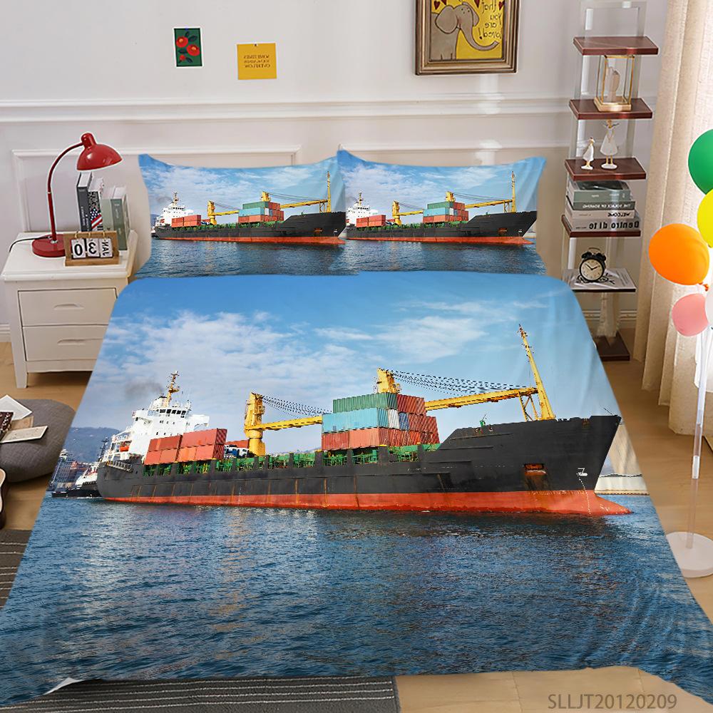 3D Ship Duvet Cover Set King Queen Size Large Freighter Container Print Bedding Set Blue Sea 2/3pcs Polyester Comforter Cover