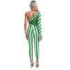 Womens Christmas Jumpsuit One Shoulder Flared Sleeve Shiny Sequin Pompom Trim Unitard One Piece Bodysuit
