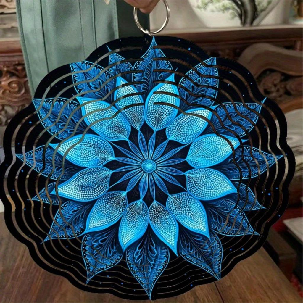 25,4 см Металлический Колокольчик Ветра Мандала Цветок - Прочный Подвесной Спиннер с Сине-Золотым Дизайном для Декора Сада и Патио в Помещении/На Открытом Воздухе