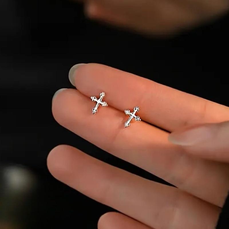 Dainty Cross Stud Earrings for Women Sterling Silver Glossy Versatile Ear Accessories Delicate Daily Party Jewelry
