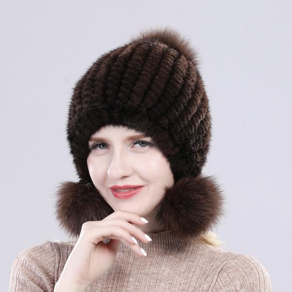 Women Winter Thick Real Mink Fur Hat with Fox Fur Pompoms Knitted Natural Fur Cap Lady Outdoor Warm 100% Real Mink Fur Hats