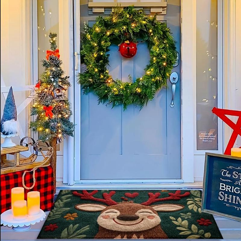 Fluffy Christmas Deer Microfiber Bath Mat - Quick-Dry & Absorbent, Festive Holiday Design with Red Berries & Green Leaves