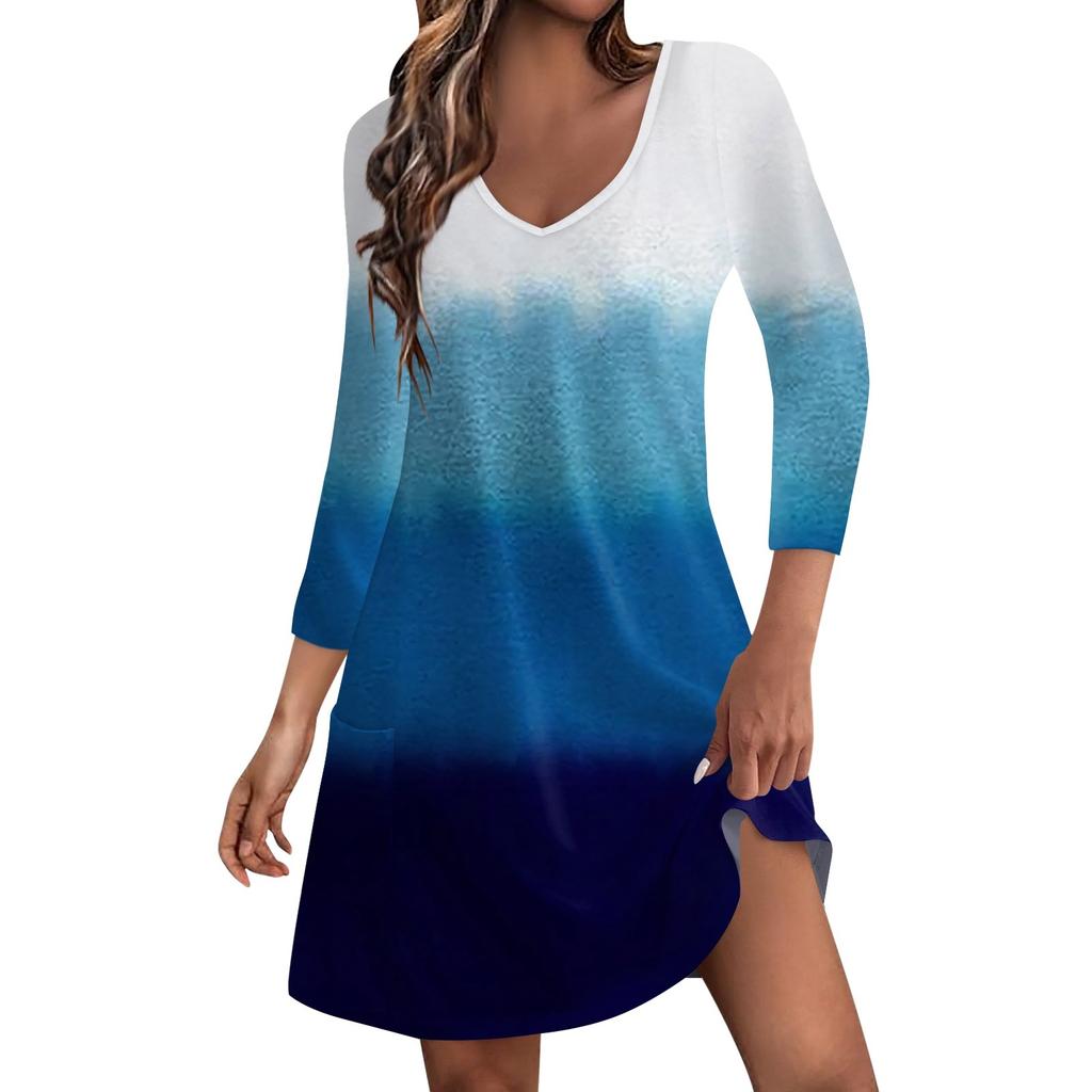 Women's Casual And Fashionable V-neck Gradient Printed Pocket 3/4 Sleeve Loose Fitting Dress