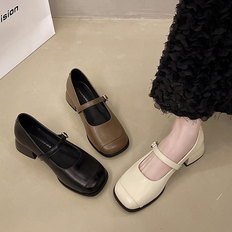 French Retro Square Head Mary Jane Shoes One-Word Leather Shoes Skirt Shallow Mouth Single Shoes Women'S British Style