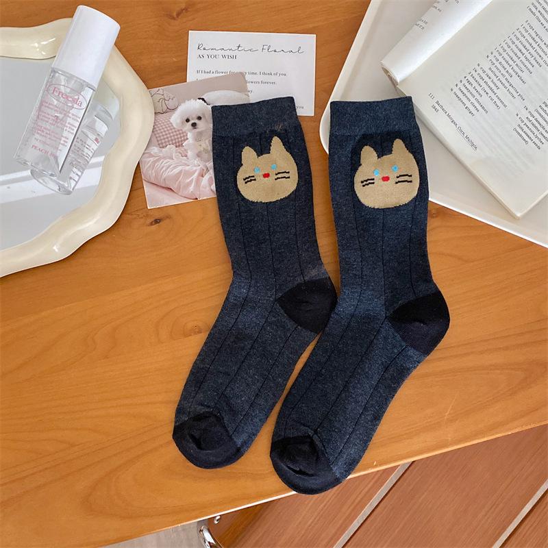 Spring 2025 Korean Polka Dot Kitten Women's Cotton Mid-Calf Socks - Sweet, Cute, and Breathable
