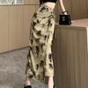 Drawstring Bag Hip Long Skirts Chinese Style Printing Women's Summer Vintage High Waist Chic Irregular Split Skirts