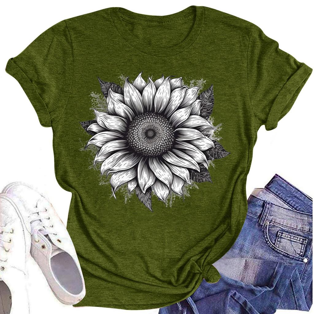 Женская повседневная футболка с круглым вырезом и цветочным принтом, короткий рукав