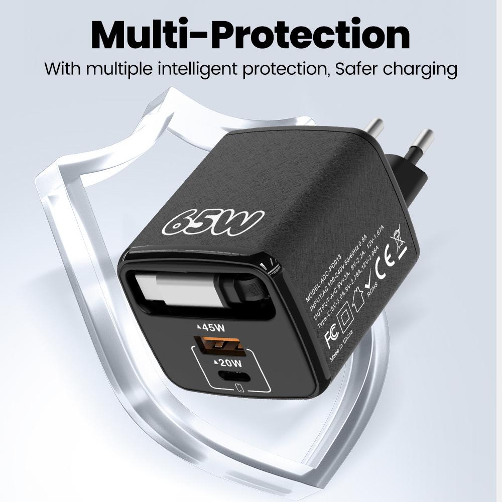 65W USB Type C Fast Charger With Telescopic USB C Cable PD Phone Fast Charging Universal Travel Adapter For Iphone 15/16 Samsung