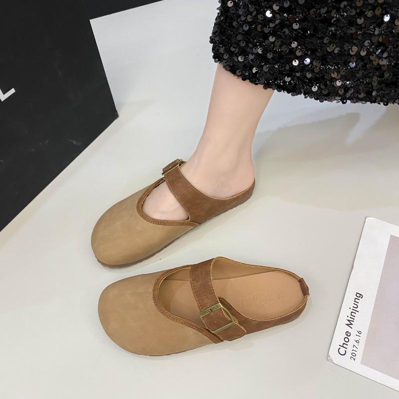 Модные женские тапочки Baotou, осенние туфли-лодочки с пряжкой на ремне для женщин, полутапочки, модные универсальные тапочки, женская обувь