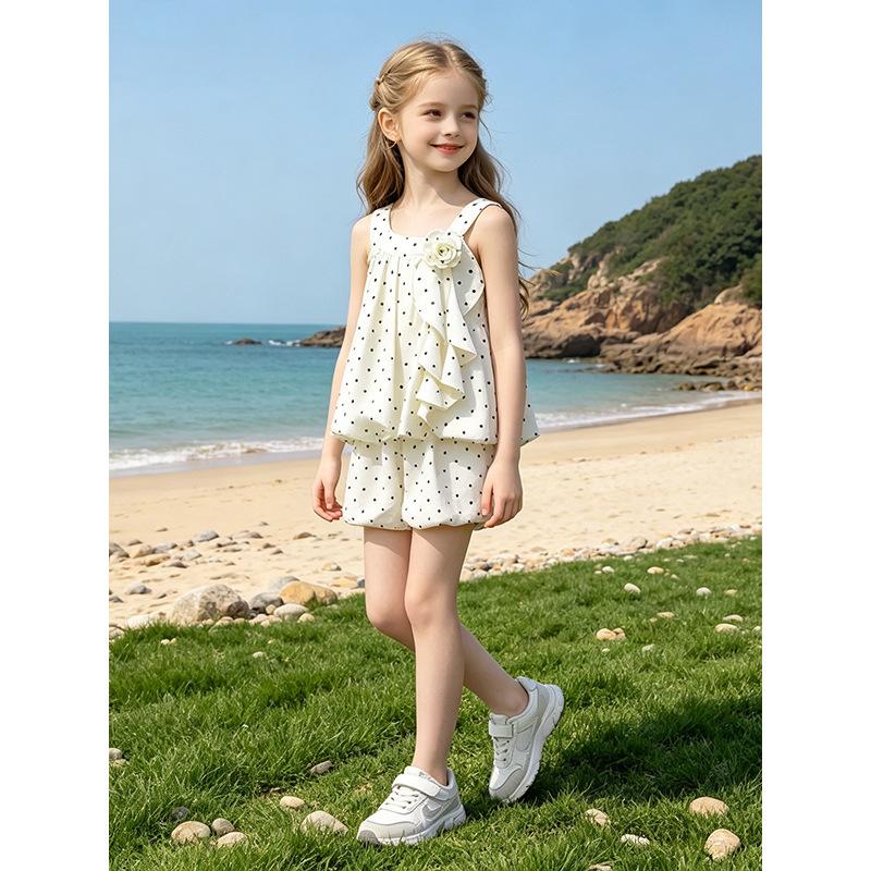 Girls Summer Polka Dot Chiffon Set Sweet Bubble Shorts And Skirt Two Piece Outfit For Toddler Kids