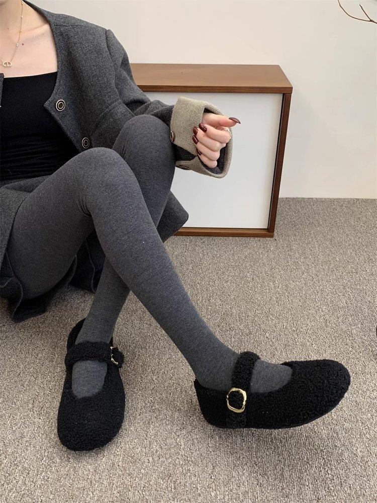 Inner Height Increase Mary Jane Wool Shoes Women's 2025 New One-pedal Lazy Shoes One-word Buckle with Lamb Wool Single Shoes