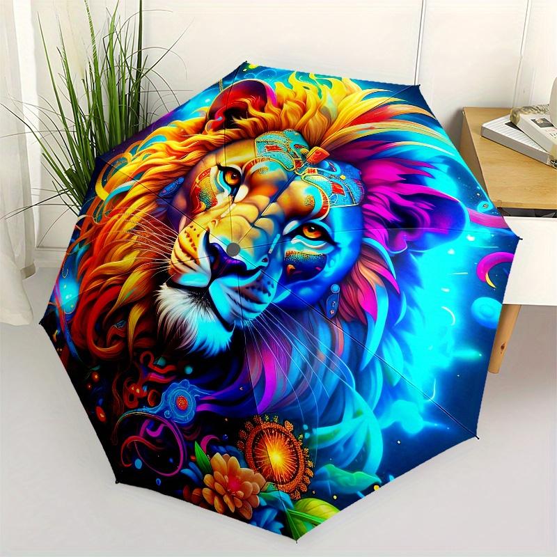 Lion, Fantasy Automatic Folding Umbrella 8 Ribs, Durable Iron Frame, Bright Color Pattern Compact Travel Umbrella, Suitable for Outdoor, Be