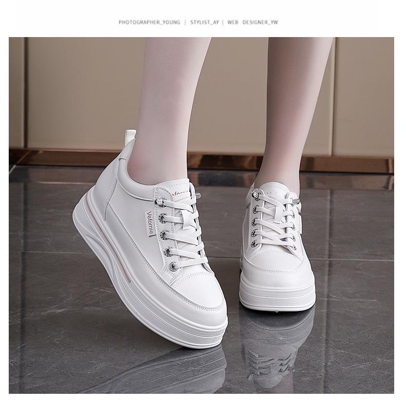 Inner height increasing white shoes for women, comfortable and versatile, thick sole, casual leather surface, sponge cake, small board shoes for women