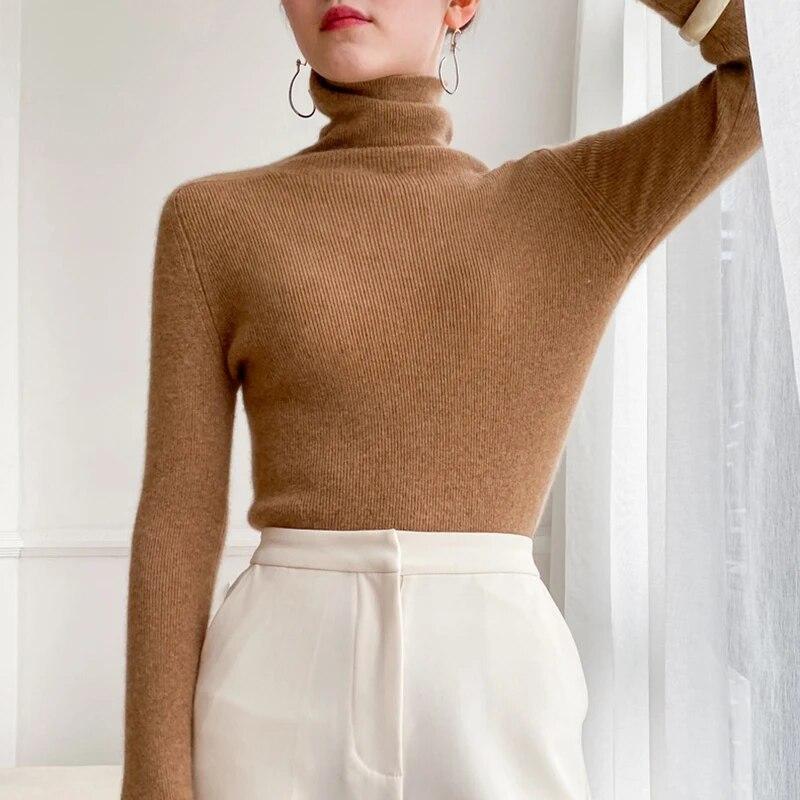 Осенние и зимние вязаные топы, офисные женские модные водолазки, свитера, повседневные приталенные пуловеры, женская однотонная одежда 28977