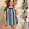 2024 Plus Size Tankini Set Women's Plus Chain and Polka Dot Stripe Print Round Neck Top Shorts Swimsuit Two Piece Set