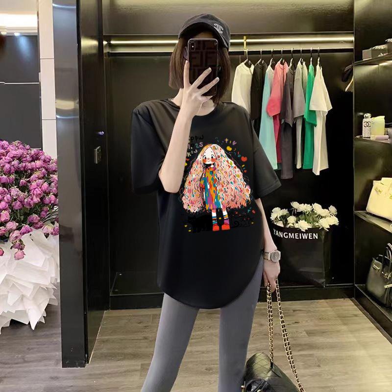 Butt Cover Top Loose Black Cotton Round Neck Short-sleeved T-shirt for Women In Summer Curved Hem Slit Medium Length