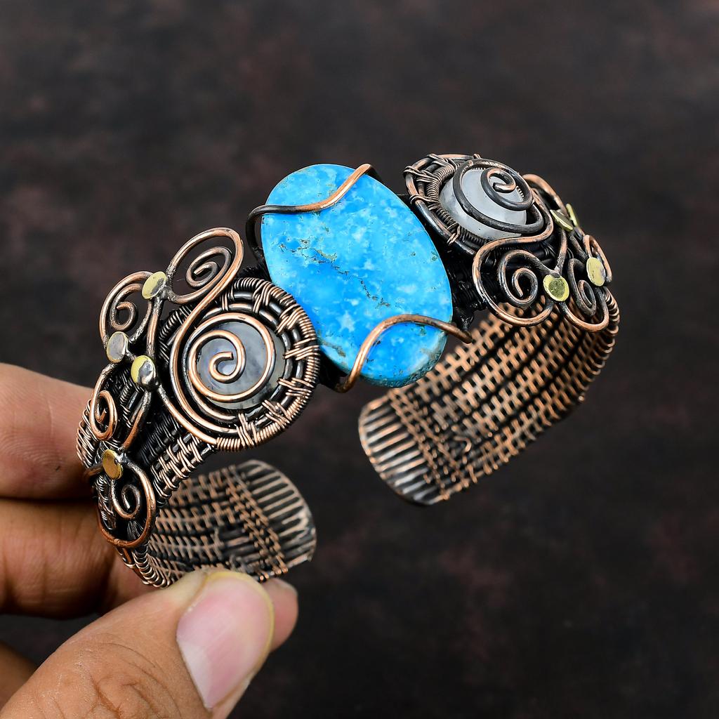 Аризона, бирюзовый браслет, браслет-манжета с драгоценными камнями, медная проволока, обернутая Радужным браслетом из лунного камня, ювелирные изделия ручной работы, регулируемые манжеты, подарок для женщин